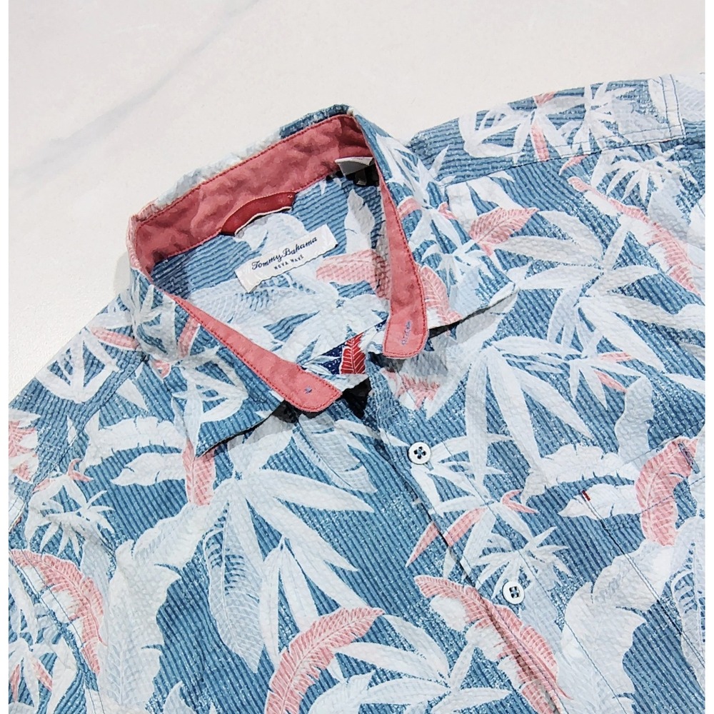 Tommy Bahama Nova Wave Shirt Mens Large Blue Tropical Leaf Cotton Reverse Print